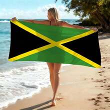 Jamaica Flag Beach Towel, Classic Green Black Yellow Printed Quick-Dry Microfiber Bath Towel, Soft Absorbent Pool Towel, Lightweight Portable Travel Towel, Patriotic Beach Blanket, Breathable Summer Travel Accessory, Suitable For Beach, Pool, Vacation, High-Quality Durable Towel, Ideal Gift For Jamaica Enthusiasts, National Flag Theme Vacation Essential - Black and Green - View 5