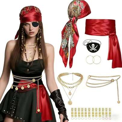 Conjunto de 47 piezas de accesorios de disfraz de pirata para mujer - Pañuelo para la cabeza de pirata, cinturón rojo para la cintura, parche para el ojo, cadena para la cintura, collar, aretes y accesorios para el cabello para Halloween, fiesta de cosplay