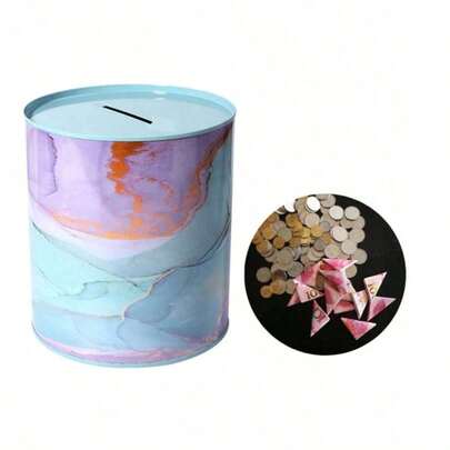 1pc Unique Large Capacity Marble Texture Coin Bank, Smooth Sealed Cylindrical Metal Piggy Bank, Suitable For Storing US Dollars, Euros, Australian Dollars, Pounds, Saudi Riyals, Turkmenistan Manats, Egyptian Pounds, Swiss Francs, New Dollars, Australian Dollars, Random Color