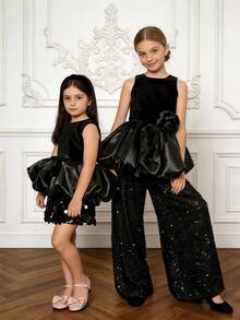 少女两件套无袖3D立体花朵薄纱派对礼服套装，适合女孩生日派对、婚礼、伴娘、节日庆典等场合。 - 黑色 - 查看 10