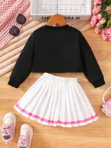 2pcs/Set Girls' Spring/Summer Long Sleeve Top And Pleated Skirt Set, Sweet School Style With Black Cropped Top, Pink Bow Print And White Pleated Skirt With Pink Trim, Loose And Comfortable Fit, Versatile Daily Outfit - Black - View 3