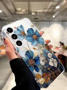 1pc Creative Blue Flower Design Transparent Soft Phone Case, Compatible With Samsung Galaxy A04e/12/A13/A14/A34/A50/A52/A53/A54/S21/S22/S23/S24/S25/S25Ultra,International Version, Not The Domestic Version - Clear - View 7