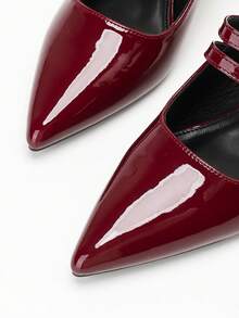 Novos Sapatos de Salto Alto Elegantes para Mulheres, Primavera/Verão, Salto Grosso Confortável, Sandálias de Tira Única Tipo Mary Jane, Bico Fino, Vinho, Sem Parte Traseira - Vinho - Visão 9