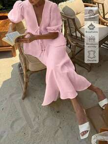 2pcs Linen Casual Elegant Vacation & Daily Wear Outfits, Casual Dresses, Casual Women Outfits, Summer Holiday Outfits, Elegant Women's Set - Pink - View 5