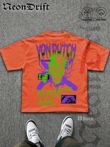 SummerNeonDrift Street Double-Sided Printing Cotton T-Shirt 100% Cotton Fabric Unisex Style-Men T Shirt Skull Graphic Print Neon Yellow Orange Cross Design Streetwear Fashion Casual Wear For Urban Style Fans Hip Hop Look Breathable 100 Cotton Comfortable FitLoose And Comfortablesummer Clothes - 橘色 2 - 查看 3