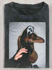 Summer TopsHalloween Retro Washed T-Shirt Scream Ghostface Heart Hands Graphic Tees Water Washing Print T-Shirt, Men's Vintage T-Shirt,Short Sleeves Crew Neck Top Tees, 230 Gram Cotton T Shirts, Holiday GiftsLoose And Comfortablesummer Clothes - 黑色 7 - 查看 1