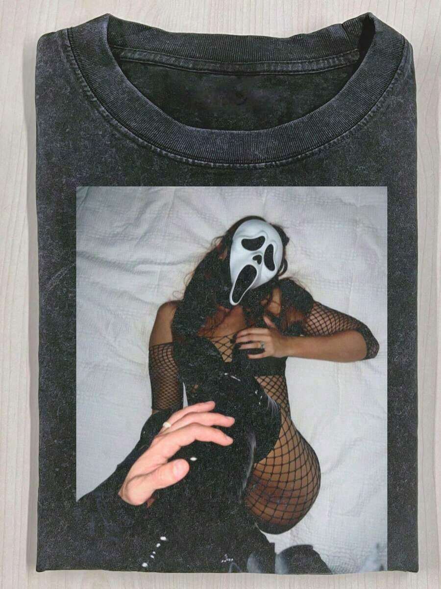 Summer TopsHalloween Retro Washed T-Shirt Scream Ghostface Heart Hands Graphic Tees Water Washing Print T-Shirt, Men's Vintage T-Shirt,Short Sleeves Crew Neck Top Tees, 230 Gram Cotton T Shirts, Holiday GiftsLoose And Comfortablesummer Clothes - 黑色 7 - 查看 1