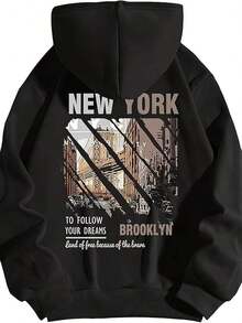 Plus Size - Plus Size Casual Hoodie With Printed Design On The Back - Black - View 6