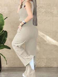 2 piezas Conjunto deportivo casual de mujer, que incluye top y pantalones - Albaricoque - Ver 3