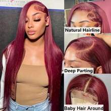 99J# 200% Density Burgundy Straight Hair 13*4 Transparent Lace Front Wig, Pre-Plucked Pre-Bleached Mixed Wig - Suitable For Women With Natural Hairline, Baby Hair - SBUG - View 3