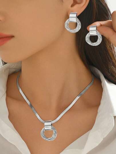 Set de 2 piezas de joyería con collar + aretes de estilo elegante de Oriente Medio, diseño geométrico metálico de moda con múltiples colgantes circulares, collar de cadena plana de serpiente, adecuado para uso diario, fiestas y ocasiones festivas
