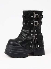 Women's Punk Platform Fold Over Ankle Boots Gothic Chunky High Heel Short Booties Fashion Rivets Comfy Cosplay Halloween Party All-Season Y2K Shoes Woman - màu đen - Xem 8