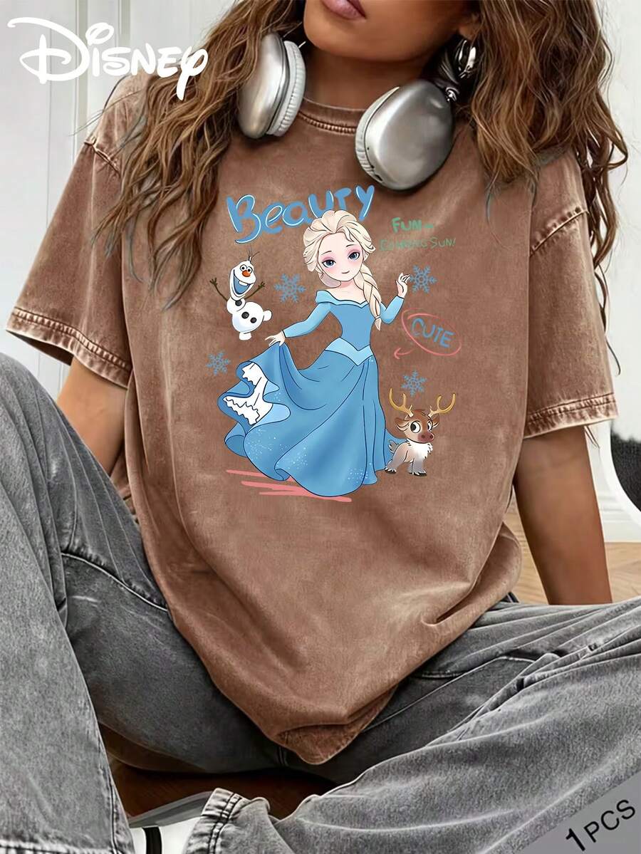 Disney Frozen Snow Treasure Sven Beauty Snowflake Printed Vintage Loose Short Sleeve T-Shirt - Cà phê nâu - Xem 1