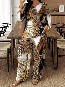 1 Set Luxury Attribute Woven Fabric Structured & Stylish Women's Daily Outing Summer Birthday Gift Color Block Leopard Print Gold Chain Print Women's Plus Size Two-Piece Set - 彩色 - 查看 1