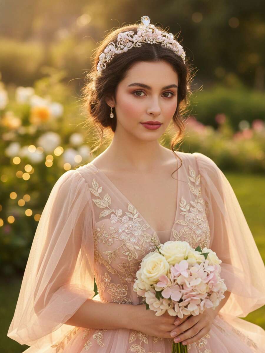 1 pezzo Corona da principessa rosa dolce con perline, copricapo da sposa con strass scintillanti, accessorio per concorsi di bellezza