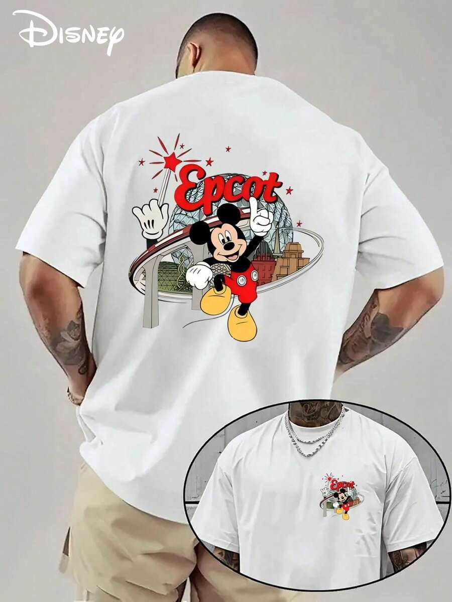 Disney Official Licensed Mickey Mouse Epcot Theme Park Print 220g Cotton Crew Neck Unisex Tee - 白色 - 查看 1