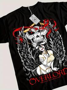 Men's Vintage Print Short-Sleeved T-Shirt Men'S Overlord Anime T-Shirt - Ainz & Albedo Graphic Tee With Dark Fantasy Art, Retro Manga Style, Loose Fit Casual & Party Wear, All Sizes Available, Durable Comfortable Shirt For Fans, Plus Size Punk Aesthetic Oversized Fit Top - 黑色 - 查看 1