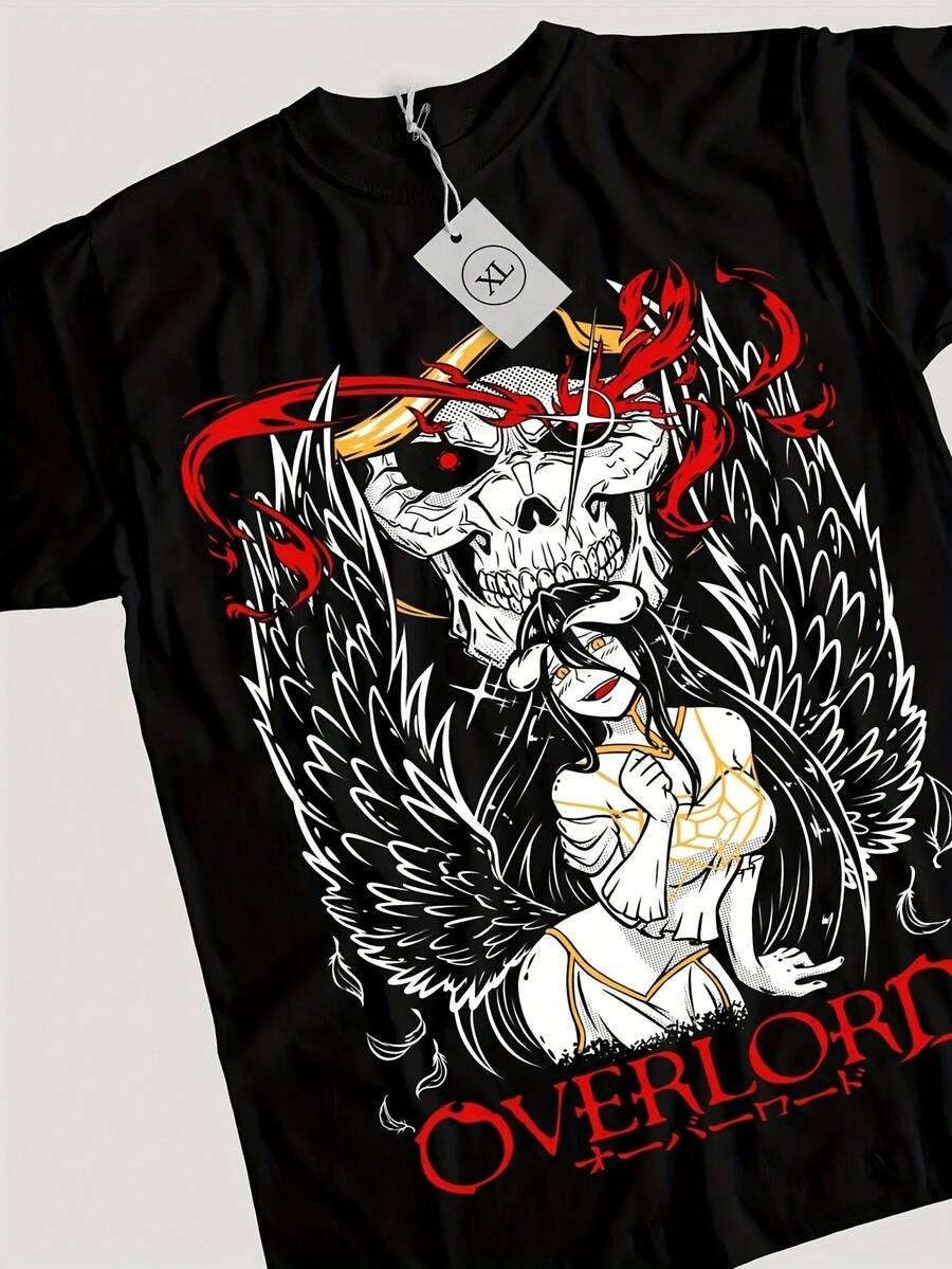 Men's Vintage Print Short-Sleeved T-Shirt Men'S Overlord Anime T-Shirt - Ainz & Albedo Graphic Tee With Dark Fantasy Art, Retro Manga Style, Loose Fit Casual & Party Wear, All Sizes Available, Durable Comfortable Shirt For Fans, Plus Size Punk Aesthetic Oversized Fit Top - 黑色 - 查看 1