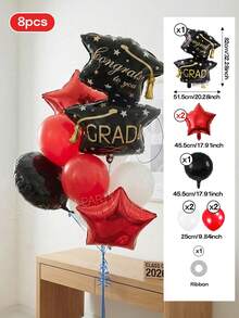 Bộ 8 quả bóng trang trí tiệc tốt nghiệp (4 kiểu) - Bóng bay hình mũ tốt nghiệp hai lớp cỡ lớn, bóng bay hình ngôi sao màu vàng/xanh dương/đỏ/vàng hồng 18 inch, bóng bay tròn màu xanh dương/đen/hồng nhạt 18 inch, phù hợp trang trí lễ tốt nghiệp năm 2026, bóng bay cao su màu xanh dương/trắng/đỏ/vàng/vàng hồng 10 inch. - Xem 10