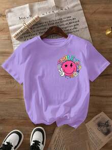 Spring TopsINAWLY Women Letter & Smile Print Round Neck Casual Versatile Short Sleeve T-Shirt, SummerLoose And Comfortablespring - Màu Khaki - Xem 7