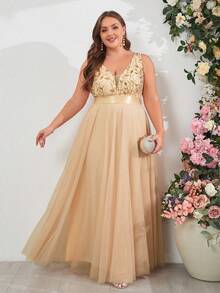 Đầm phù dâu dáng chữ A không tay cổ chữ V, đính sequin, phối lưới, cỡ lớn, thích hợp cho tiệc cưới, lễ tốt nghiệp, dạ hội, tiệc tối trang trọng mùa xuân. - Vàng - Xem 7