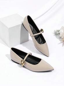 Zapatos de bailarina con correa, zapatos Mary Jane de punta cuadrada con estilo retro, estilo colegial/de oficina para mujer - Albaricoque - Ver 4
