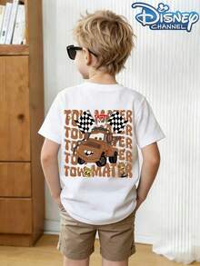 Disney Camiseta de manga corta con estampado de dibujos animados de Rayo McQueen y Mate, de estilo casual y sencillo, adecuada para primavera y verano, apta para niños y niñas. Regalo festivo - Blanco - Ver 2