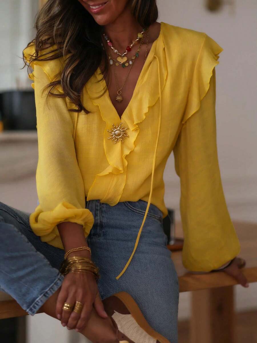 Áo kiểu nữ màu trơn, xếp ly/bèo nhún, tay dài, nhẹ nhàng, thích hợp mặc công sở mùa xuân và hè. - Màu Mù tạt vàng - Xem 1