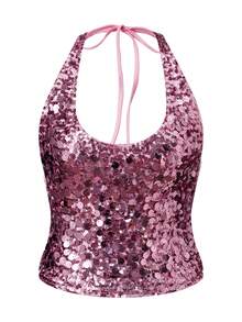 Women Sequin Halter Tank Top Y2K Sparkly Sleeveless Deep V Neck Slim Fit Vest Crop Tops Summer Backless Bling Glitter Low Cut Shirts Going Out Tops Party Clubwear - hồng - Xem 2