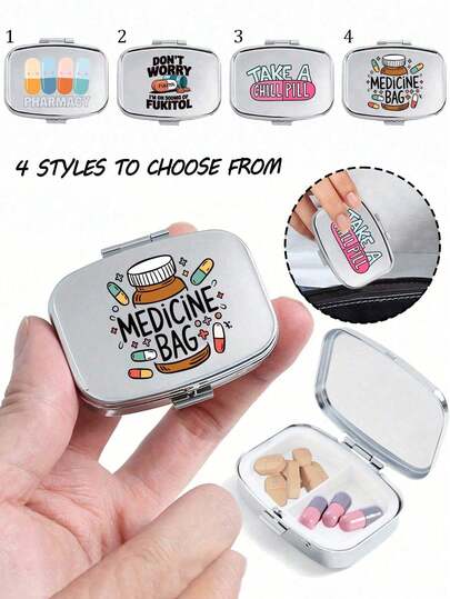 Square Pill Box, Printed Capsules, Pill, Letter, Medicine Bottle Patterns, Portable Pill Storage Compartments, Mini Metal Storage Box, Portable Jewelry And Pill Box, Travel Pill Case, Large Compartment, Weekly Pill Organizer,For Daily Medication & Vitamins, Essential For Doctors And Nurses, Emergency Needs, Travel, Hiking Emergency Rescue