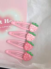 4pcs/Set Cute Strawberry Fruit Hair Clips, Hair Claws, Hair Slide, Hair Barrettes, Hairpin, Accessories - Pink - View 3