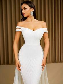 LOVE&LEMONADE Elegant White Off Shoulder Flowing Mesh Patchwork Backless Criss-Cross Tie Mermaid Long Wedding Dress - White - View 2