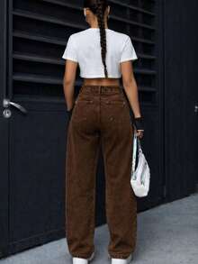 Pantalón Mujer Casual MOM JEANS Washed Tela Rígida Bolsillos Button Zipper Corte Recto Sin Estampado Primavera Verano Diario Pantalón - Café integral - Ver 2