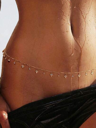 Bikini sexy con estilo de vacaciones en la playa con cadena brillante para el vientre, collar con colgante en forma de corazón simple para la cintura.