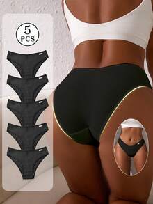 5 piezas Bragas de mujer de alta elasticidad acanaladas, ropa interior con diseño de letras de talle bajo - Negro - Ver 4