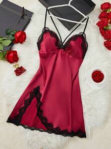 嘉年华派对服装 情人节礼物 女士纯色性感睡衣睡裙 - 蕾丝饰边露背交叉设计，高开衩V领睡裙睡衣套装 - 酒紅色 - 查看 2