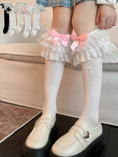 1双彩色女士过膝袜，薄款双层花卉蕾丝蝴蝶结大腿袜，适合搭配连衣裙和派对服装，春夏款