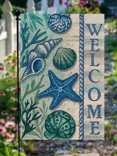 علم ترحيبي بحري مزين بأصداف البحر والنجوم البحرية، مقاس 36*47 سم ذو وجهين، مثالي لديكور منزل الشاطئ والمنازل الساحلية
