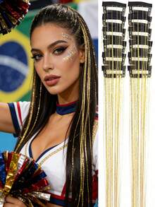 12 件/盒闪亮 20 英寸长直发绿色、银色、紫色、黄色、蓝色、粉色彩色发丝，夹式合成接发套装，适合女孩圣诞节、万圣节、派对、情人节、复活节、圣帕特里克节等场合佩戴。 - 查看 3