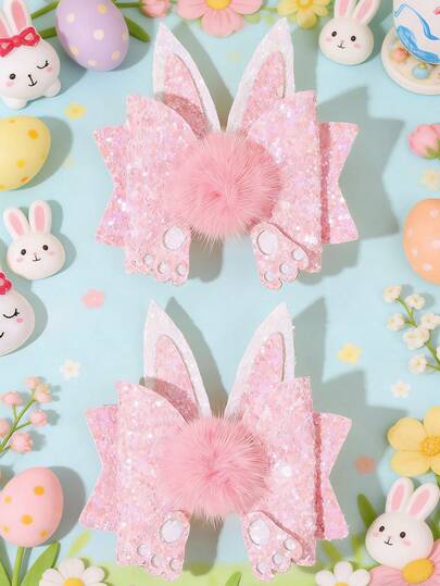 2pcs Easter Hair Clips, Shiny Easter Bunny Ear Hair Clips, Fashionable Alligator Clips Hair Accessories, Suitable For Girls Easter Party Gifts