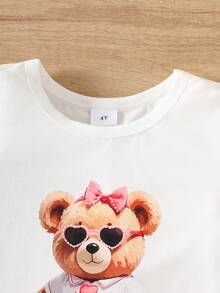 Young Girl' Sweet & Cute White Round Neck Cartoon Bear Print Top And Fuchsia A-Line Pocket Skirt Set, Fashionable Everyday Outfit - Pink - View 4