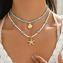 2pcs Bohemian Style Ocean Themed Jewelry Set - Turquoise Blue Pendant Necklace And Choker Necklace, Handmade Alloy Artificial Starfish Shaped Ocean Theme Beaded Bracelet, Suitable For Beach Wedding, Party And Daily Wear - Multicolor - View 3