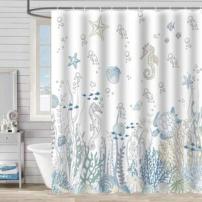 1件装海岸海龟海马海星贝壳珊瑚蓝色海洋沙滩浴帘，适用于浴室浴缸隔断，浴室配件浴室浴帘装饰