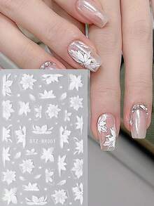 2片装白色山茶花美甲贴纸，优雅多瓣花朵，春夏花卉婚礼滑动式美甲饰品，女士和女孩美甲用品礼物 - 白色 - 查看 5