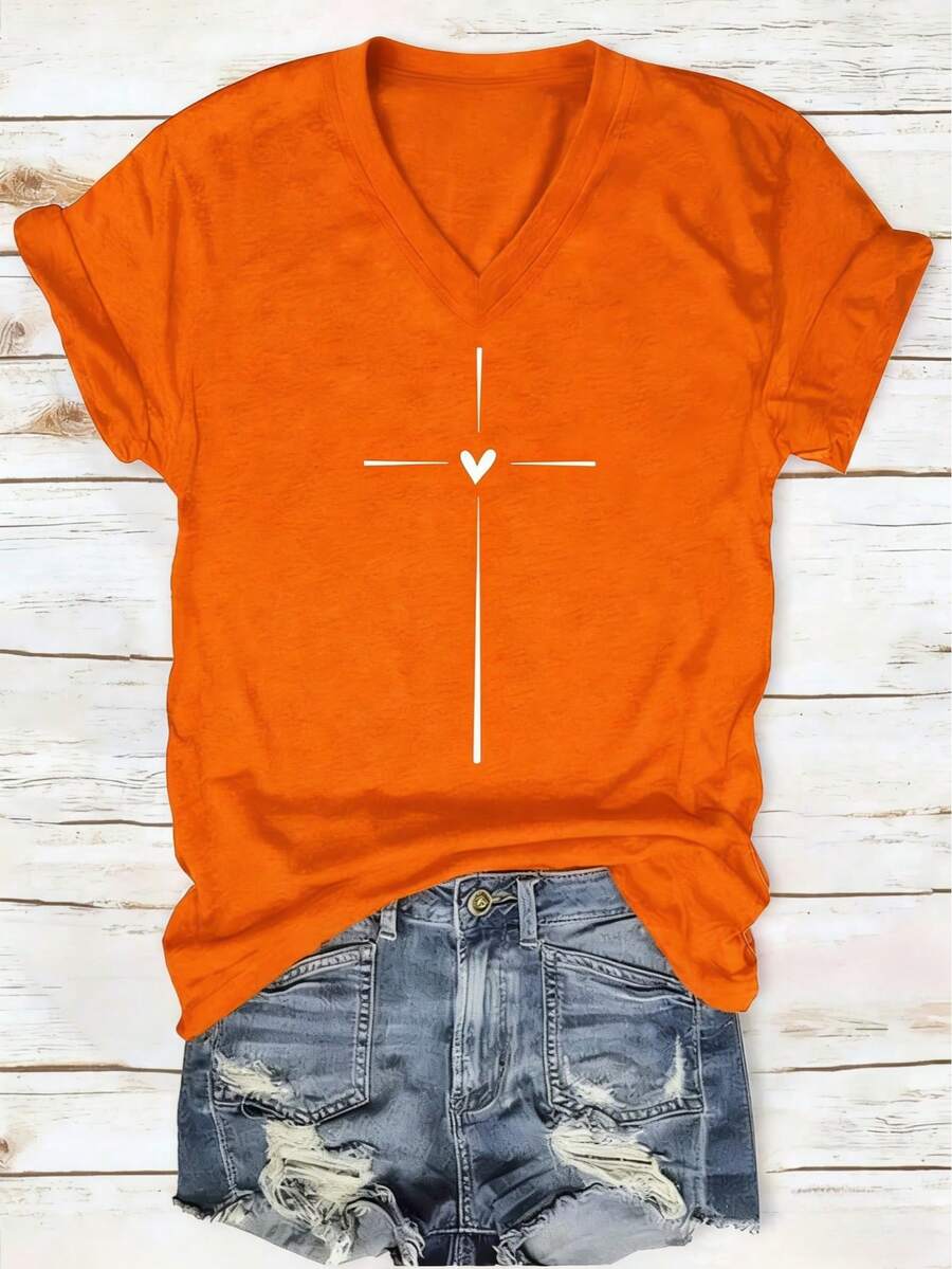 Ladies Graphic Printed V-Neck T-Shirt, Short Sleeve Casual Women's Tops For Summer And Spring, Women's Clothing, Perfect For Holidays And Gifts! - 橘色 - 查看 1