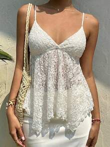 阳光少女风夏季女士Y2K白色蕾丝吊带背心，性感不对称下摆设计，适合街头、通勤、约会和下午茶等场合。 - 白色 - 查看 5