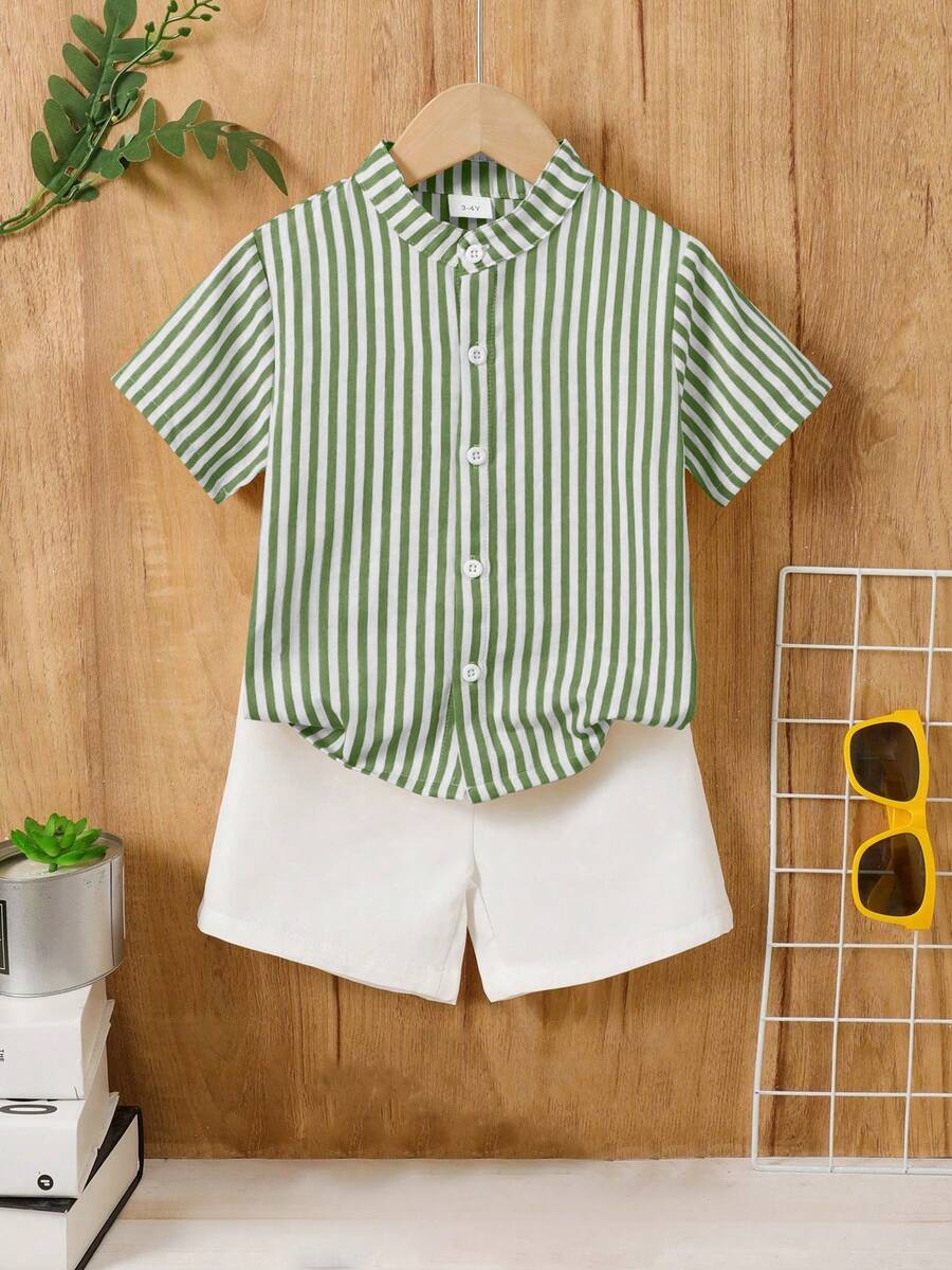 2pcs/Set Boys Striped Mandarin Collar Short Sleeve Shirt And Shorts Set - Dark Green - View 1