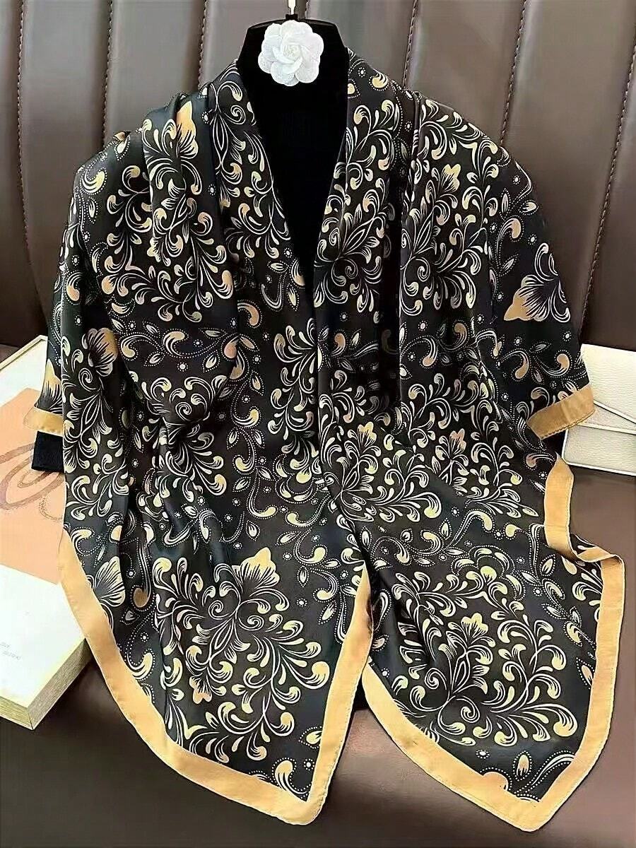 1条女士缎面光滑质感腰果图案印花大围巾，适合外出、度假和日常穿着 - 小花黑色 - 查看 1