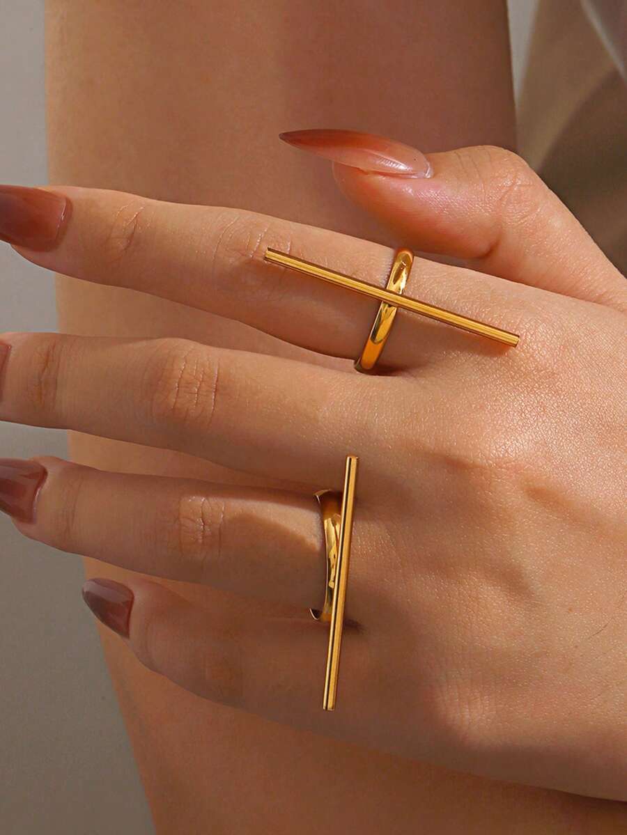 2pcs Stainless Steel 18K Gold Plated Elegant Line Design Ring Set, Suitable For Women's Daily And Holiday Wear - Multicolor - View 1