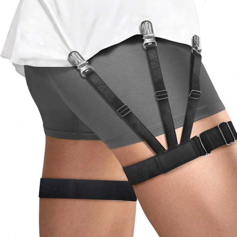 男士衬衫固定带一双，可调节弹力衬衫吊袜带，欧美商务百搭袜式吊带，街头朋克风配饰 - 黑色 - 查看 1